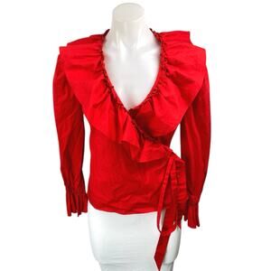 Rachel Parcell Red Long Sleeve Ruffle V Neck Peplum Wrap Blouse Top Size XS